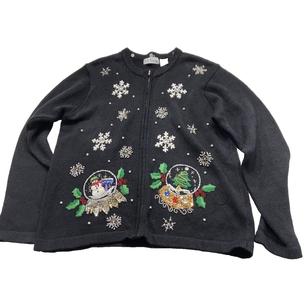 BP Design Womens Christmas Sweater Medium Snowman Tree Black Full Zip Cardigan